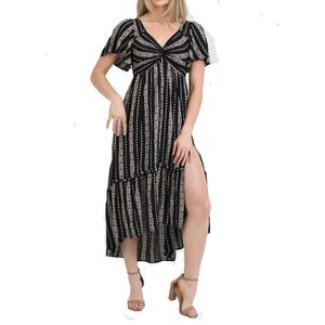 Angie Midi Dress Sz L A Line Boho High Low Slit Tiered Prairie Black Boho Hippie
